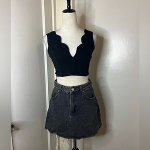 Topshop Denim High Waist Skirt Raw Edge Distressed Hem Grunge Punk Goth noir